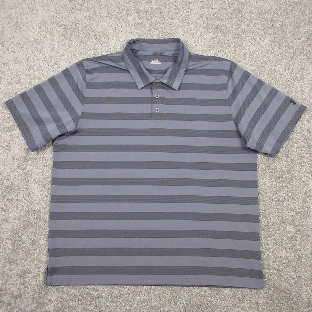 Under Armour Shirt Mens XXL Gray Striped Polo Heat Gear Performance Golf Logo